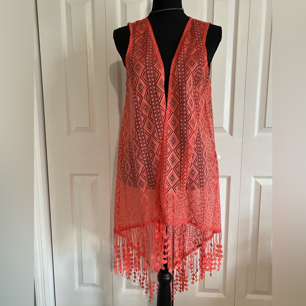 Coral Bohemian Chic Open Front Fringe Vest• XL